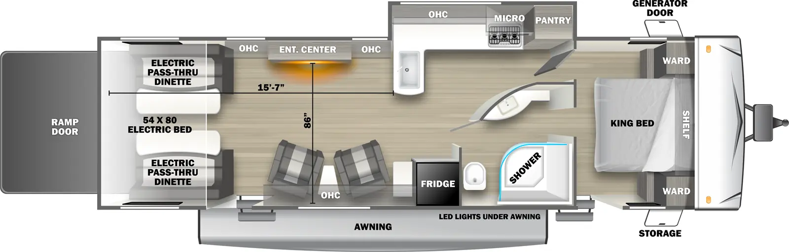 The 2900RLS travel trailer has 1 slideout on the off-door side, 2 entry doors and 1 rear ramp door. Exterior features include an awning with LED lights, front door side storage and front off-door side generator door. Interior layout from front to back includes: front bedroom with foot-facing King bed, shelf over the bed, front corner wardrobes, and door side entry door to outside; door side pass through bathroom with radius shower, toilet, and curved wall vanity; off-door side slideout holding L-shaped kitchen countertop with front facing sink, overhead cabinet, overhead microwave, stovetop and pantry; door side refrigerator; 2 door side recliners with end table; off-door side entertainment center with overhead cabinets; and rear 54 x 80 electric bed over electric pass-through dinette. Cargo length from rear of unit to kitchen countertop is 15 ft. 7 in. Cargo width from entertainment center to door side wall is 86 inches.